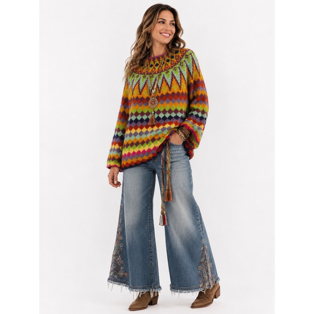 Hand Made Knit Sweater S Multicolor Fair Isle Diamond Mock Neck Boho